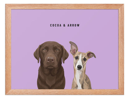 Custom Two Pet Portrait Framed Print (Oak): Cocoa the chocolate Labrador & Arrow the Whippet on a Orchid background. [ks Frame=Oak; Background=Orchid]