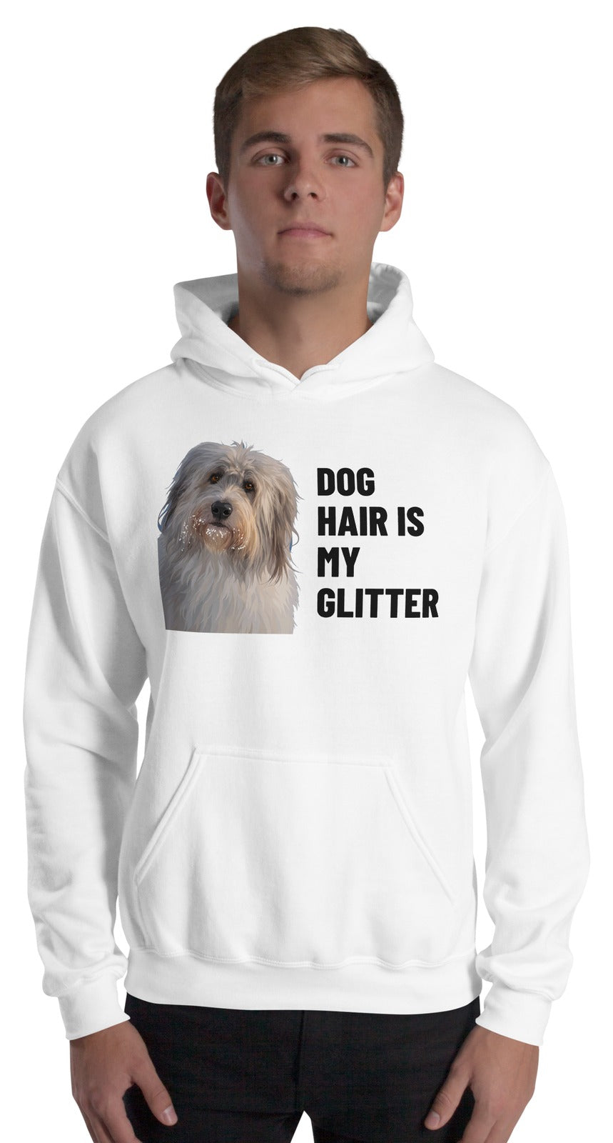 Dog Hair Is My Glitter Custom Pet Hoodie (White), Gandalf the Sheepdog: worn by a model. [ks Colour=White; kind=product]