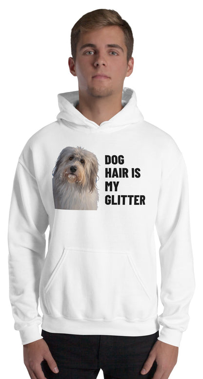 Dog Hair Is My Glitter Custom Pet Hoodie (White), Gandalf the Sheepdog: worn by a model. [ks Colour=White; kind=product]