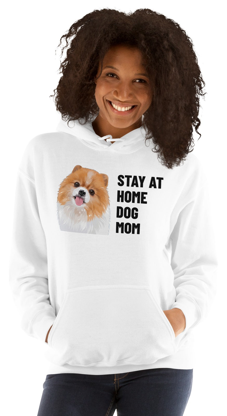 Stay At Home Dog Mom Custom Pet Hoodie (White), Nugget the Pomeranian: worn by a model. [ks Colour=White; kind=product]