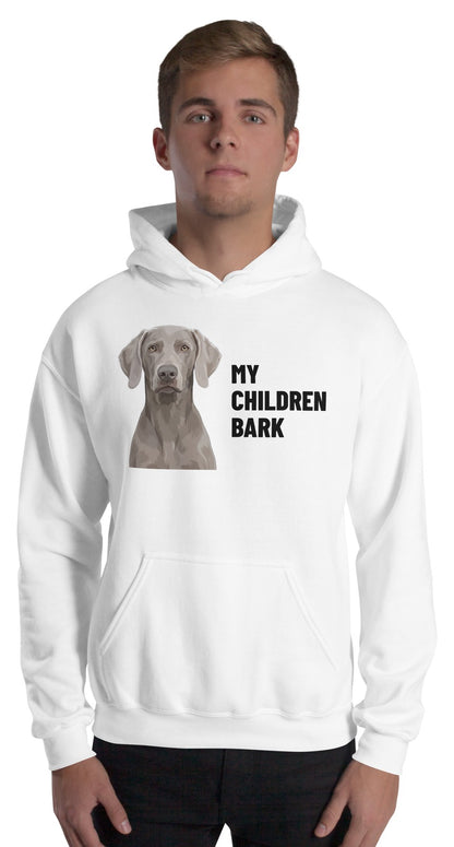 My Children Bark Custom Pet Hoodie (White), Pewter the Weimaraner: worn by a model. [ks Colour=White; kind=product]