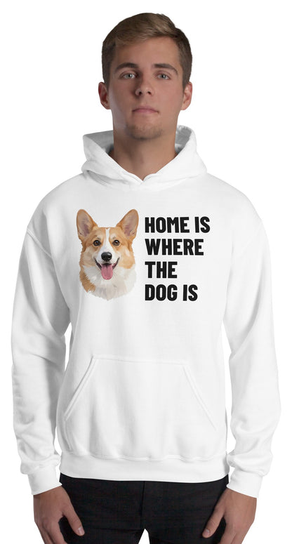 Home Is Where The Dog Is Custom Pet Hoodie (White), Bailey the Pembroke Welsh Corgi: worn by a model. [ks Colour=White; kind=product]