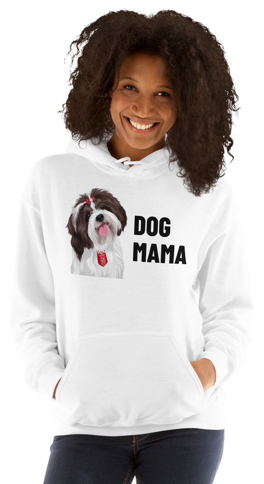 Dog Mama Custom Pet Hoodie (White), Pippin the Shih Tzu: worn by a model. [ks Colour=White; kind=product]