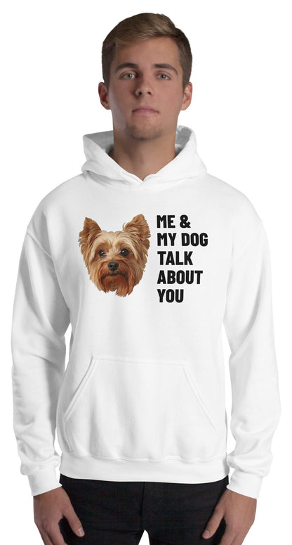 Me & My Dog Talk About You Custom Pet Hoodie (White), Gizmo the Yorkshire Terrier: worn by a model. [ks Colour=White; kind=product]