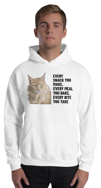 Every Snack You Make, Every Meal You Bake, Every Bite You Take Custom Pet Hoodie (White), Caramel the Maine Coon cat: worn by a model. [ks Colour=White; kind=product]