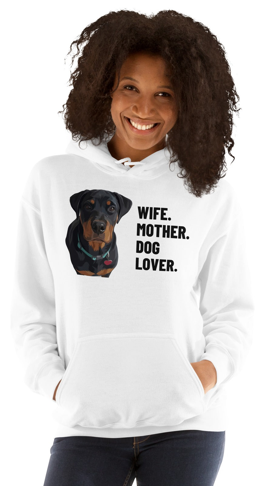 Wife. Mother. Dog Lover. Custom Pet Hoodie (White), Thor the Rottweiler: worn by a model. [ks Colour=White; kind=product]