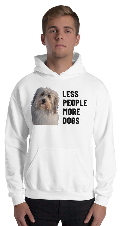 Less People More Dogs Custom Pet Hoodie (White), Gandalf the Sheepdog: worn by a model. [ks Colour=White; kind=product]