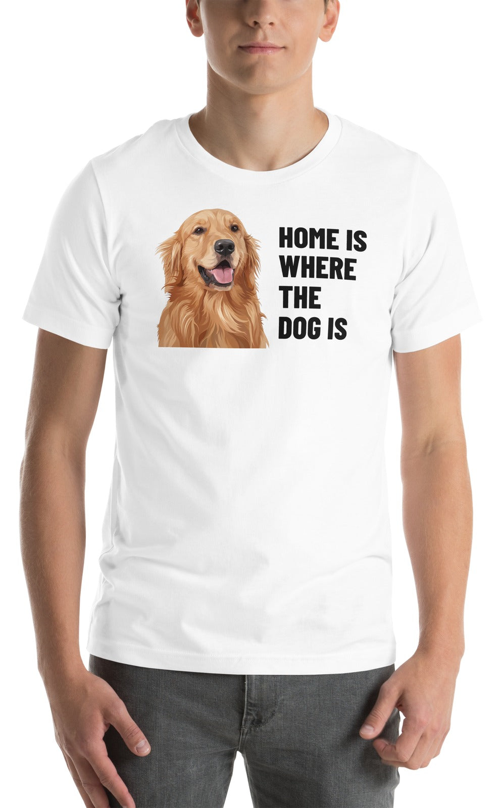 Home Is Where The Dog Is Custom Pet T-Shirt (White), Cooper the Golden Retriever: worn by a model. [ks Colour=White; kind=product]