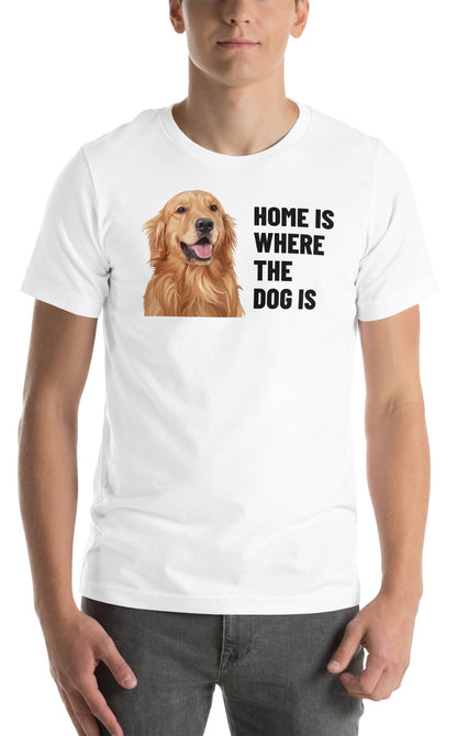 Home Is Where The Dog Is Custom Pet T-Shirt (White), Cooper the Golden Retriever: worn by a model. [ks Colour=White; kind=product]