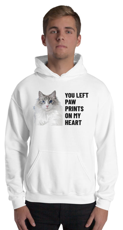 You Left Paw Prints On My Heart Custom Pet Hoodie (White), Cloud the Ragdoll cat: worn by a model. [ks Colour=White; kind=product]