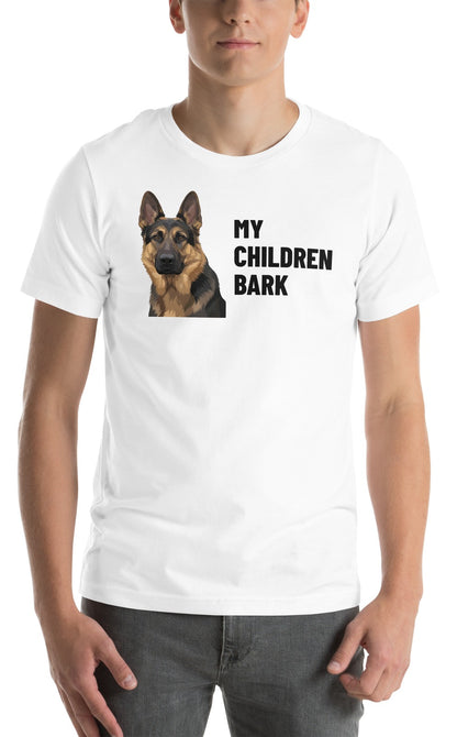 My Children Bark Custom Pet T-Shirt (White), Max the German Shepherd: worn by a model. [ks Colour=White; kind=product]
