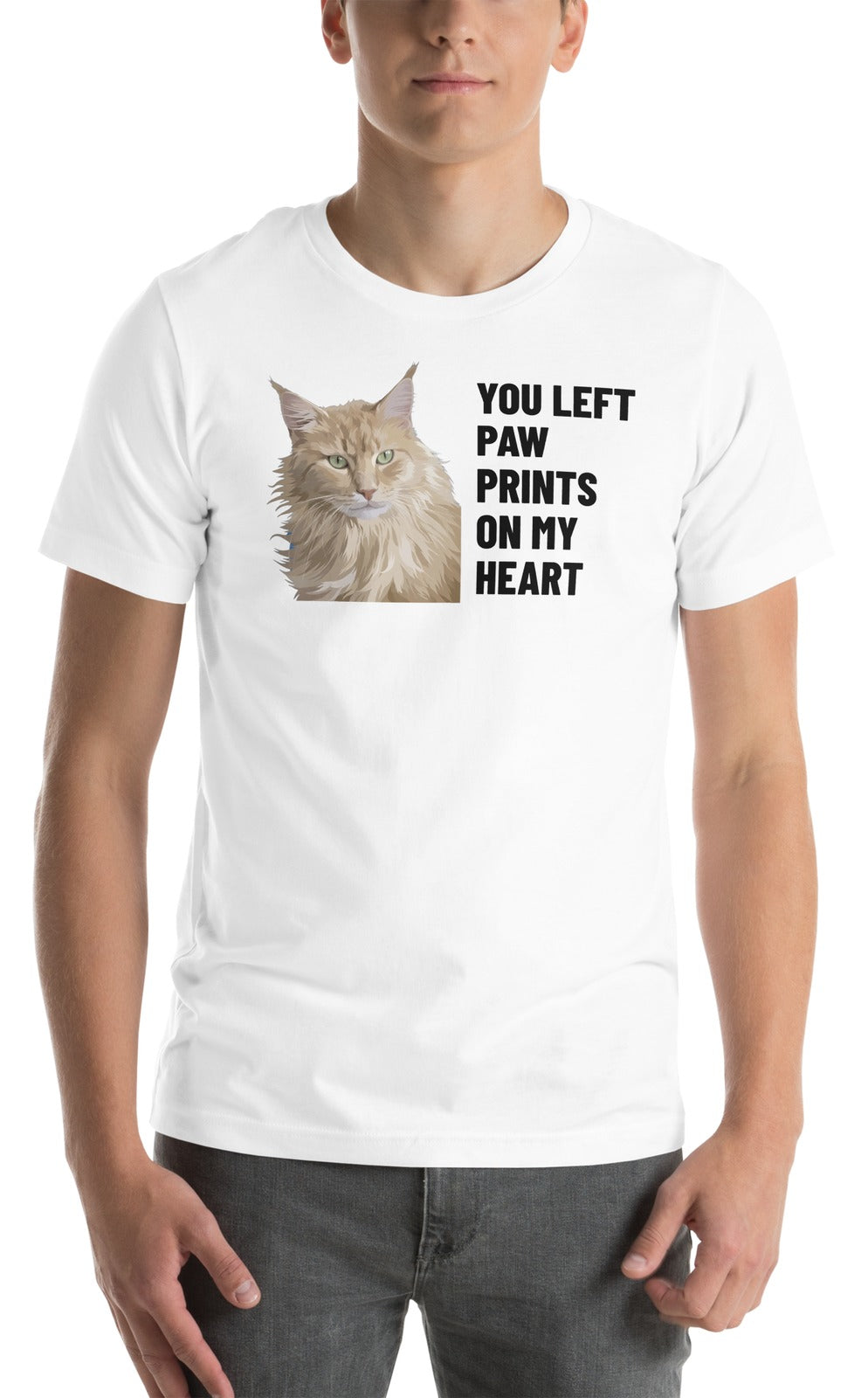 You Left Paw Prints On My Heart Custom Pet T-Shirt (White), Caramel the Maine Coon cat: worn by a model. [ks Colour=White; kind=product]