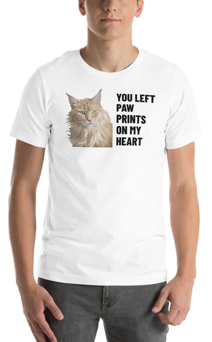 You Left Paw Prints On My Heart Custom Pet T-Shirt (White), Caramel the Maine Coon cat: worn by a model. [ks Colour=White; kind=product]