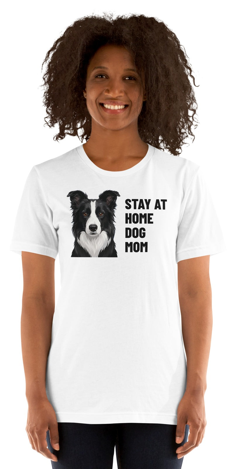 Stay At Home Dog Mom Custom Pet T-Shirt (White), Oreo the Border Collie: worn by a model. [ks Colour=White; kind=product]