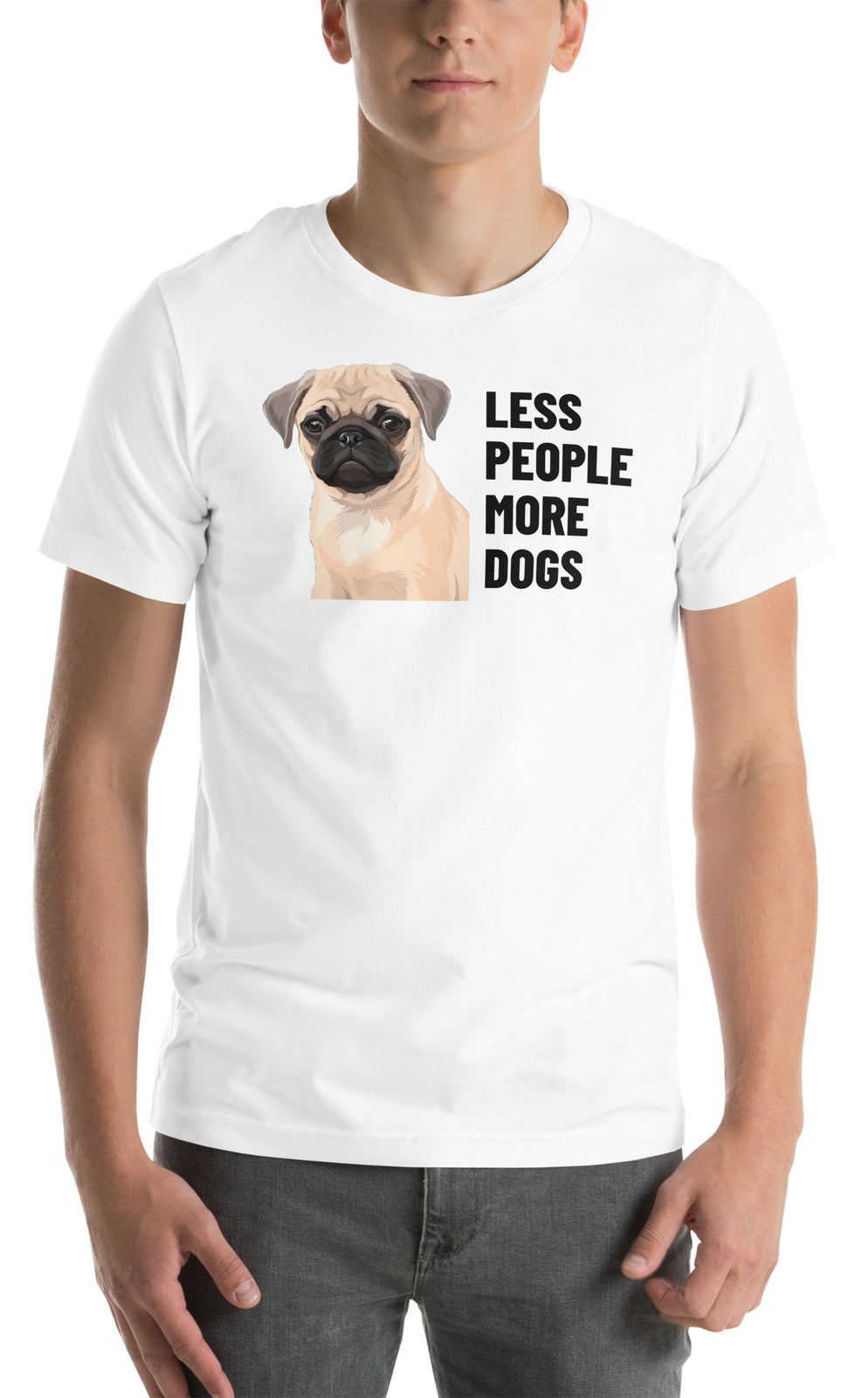 Less People More Dogs Custom Pet T-Shirt (White), Waffles the Pug: worn by a model. [ks Colour=White; kind=product]
