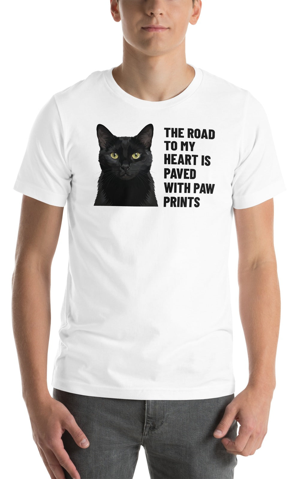 The Road To My Heart Is Paved With Paw Prints Custom Pet T-Shirt (White), Olive the black cat: worn by a model. [ks Colour=White; kind=product]