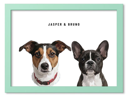 Custom Two Pet Portrait Coloured Frame Print (Mint Green): Jasper the Jack Russell Terrier & Bruno the French Bulldog on a White background. [ks Frame Colour=Mint Green; Background=White]