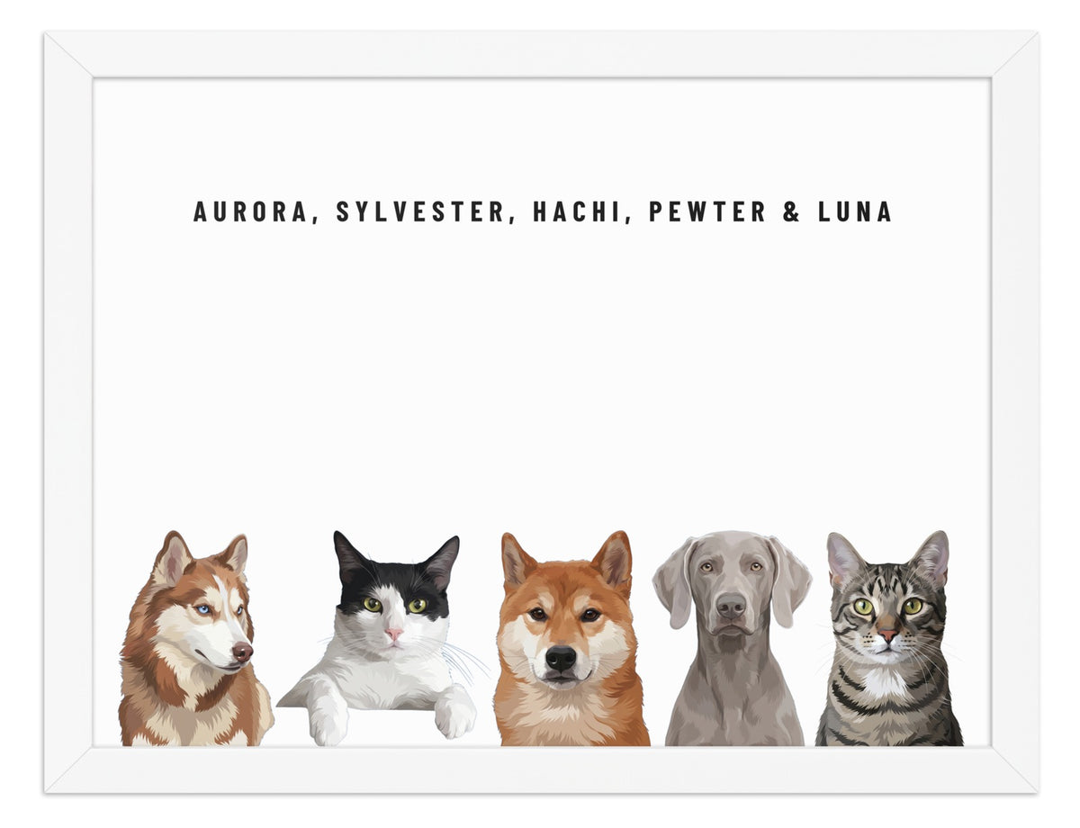 Holiday Custom Five Pet Portrait (White Frame): Aurora the Siberian Husky & Sylvester the tuxedo cat & Hachi the Shiba Inu & Pewter the Weimaraner & Luna the grey-brown tabby cat on a White background. [ks Style=White Frame; Background=White]