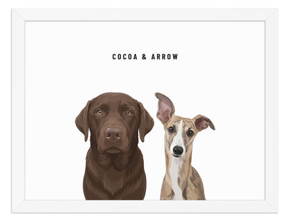 Custom Two Pet Portrait Framed Print (White): Cocoa the chocolate Labrador & Arrow the Whippet on a White background. [ks Frame=White; Background=White]