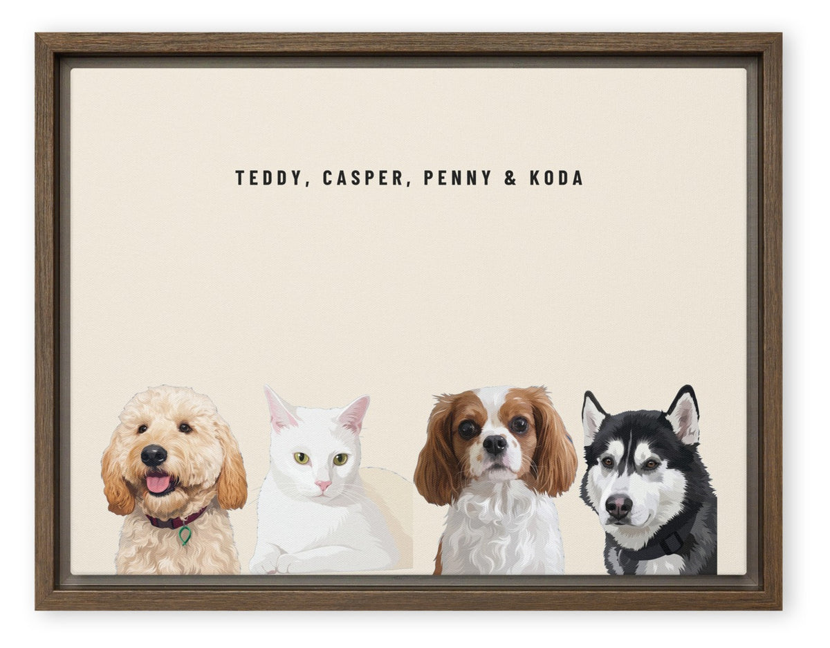 Custom Four Pet Portrait Canvas (Brown Framed Canvas): Teddy the Goldendoodle & Casper the white cat & Penny the Cavalier King Charles Spaniel & Koda the Siberian Husky on a Cream background. [ks Style=Brown Framed Canvas; Background=Cream]