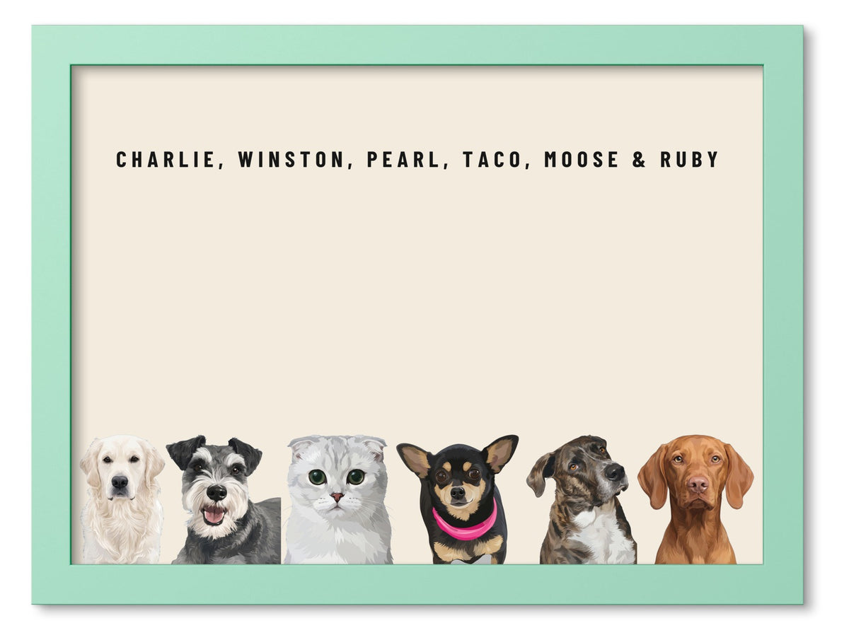 Custom Six Pet Portrait Coloured Frame Print (Mint Green): Charlie the Golden Retriever & Winston the Miniature Schnauzer & Pearl the Scottish Fold cat & Taco the Chihuahua & Moose the mixed-breed dog & Ruby the Vizsla on a Cream background. [ks Frame Colour=Mint Green; Background=Cream]
