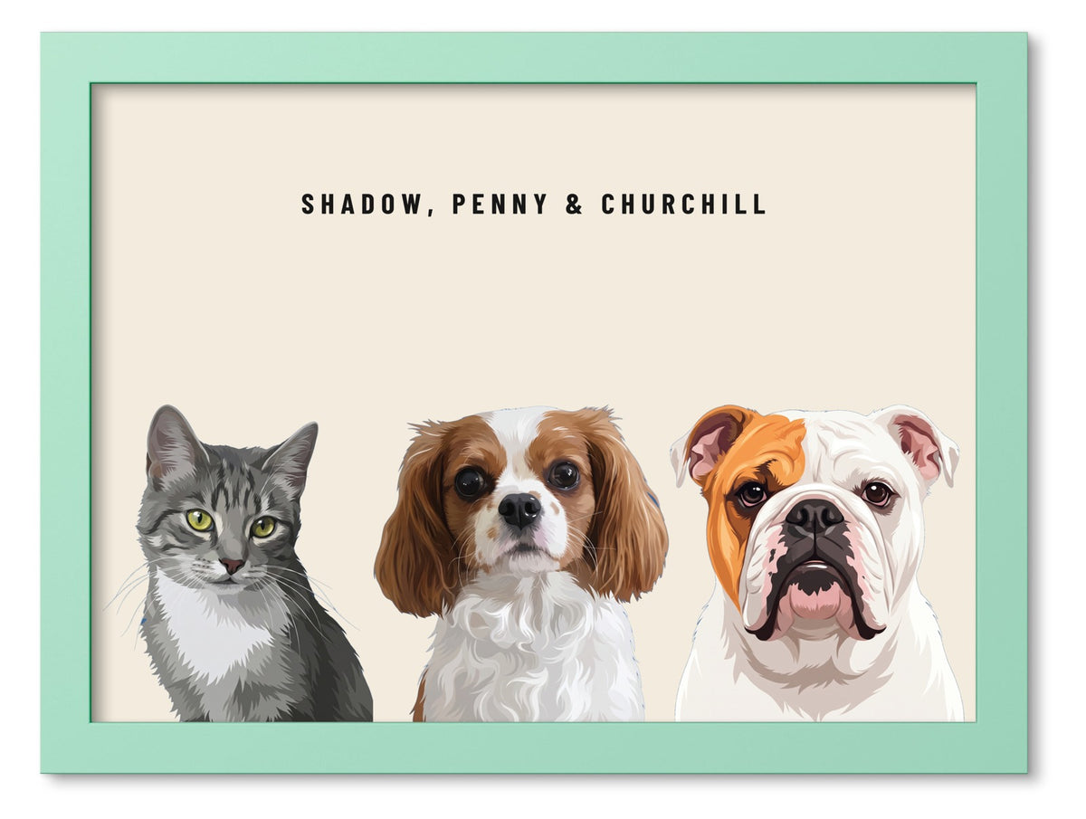 Custom Three Pet Portrait Coloured Frame Print (Mint Green): Shadow the grey tabby cat & Penny the Cavalier King Charles Spaniel & Churchill the English Bulldog on a Cream background. [ks Frame Colour=Mint Green; Background=Cream]
