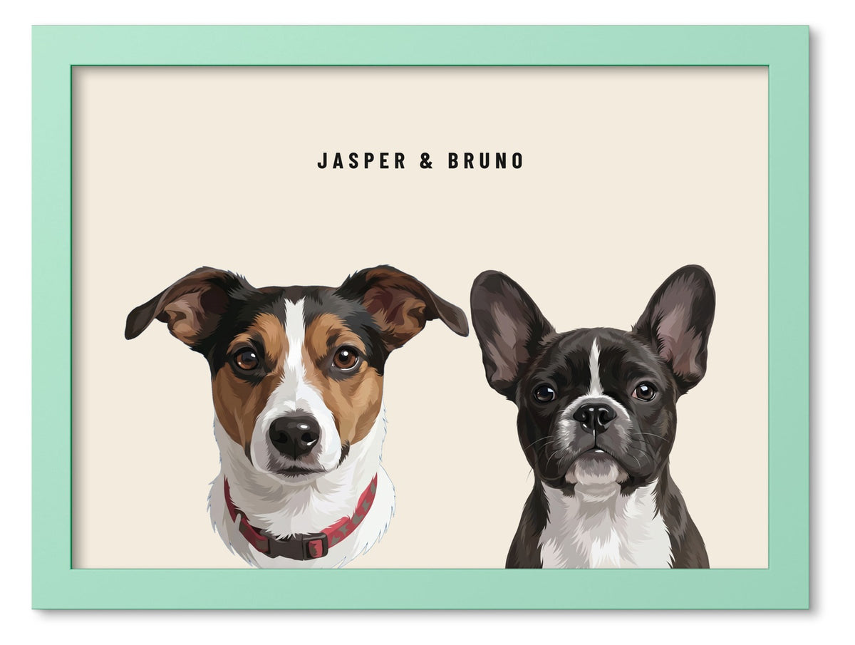 Custom Two Pet Portrait Coloured Frame Print (Mint Green): Jasper the Jack Russell Terrier & Bruno the French Bulldog on a Cream background. [ks Frame Colour=Mint Green; Background=Cream]