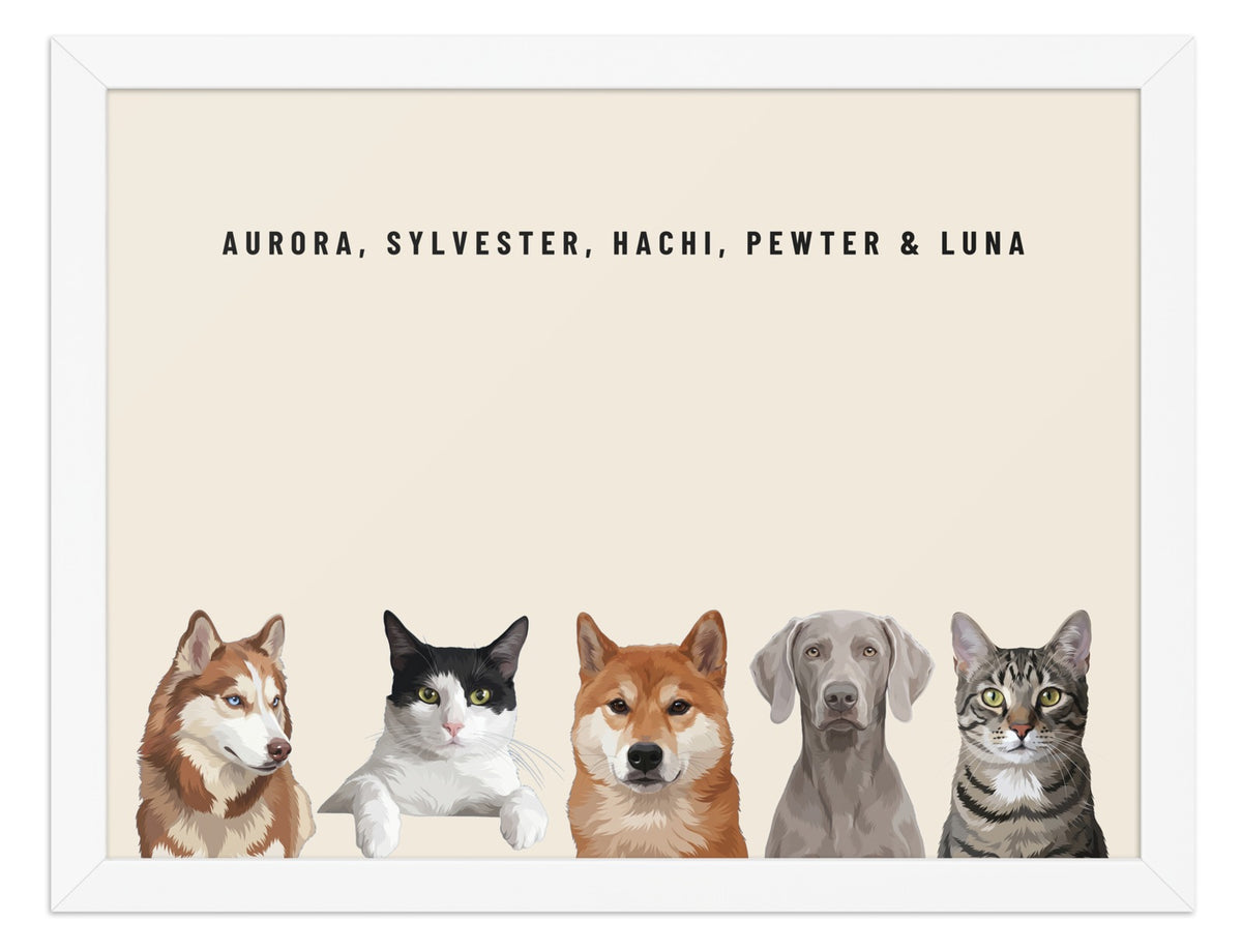 Holiday Custom Five Pet Portrait (White Frame): Aurora the Siberian Husky & Sylvester the tuxedo cat & Hachi the Shiba Inu & Pewter the Weimaraner & Luna the grey-brown tabby cat on a Cream background. [ks Style=White Frame; Background=Cream]