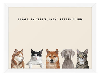 Holiday Custom Five Pet Portrait (White Frame): Aurora the Siberian Husky & Sylvester the tuxedo cat & Hachi the Shiba Inu & Pewter the Weimaraner & Luna the grey-brown tabby cat on a Cream background. [ks Style=White Frame; Background=Cream]
