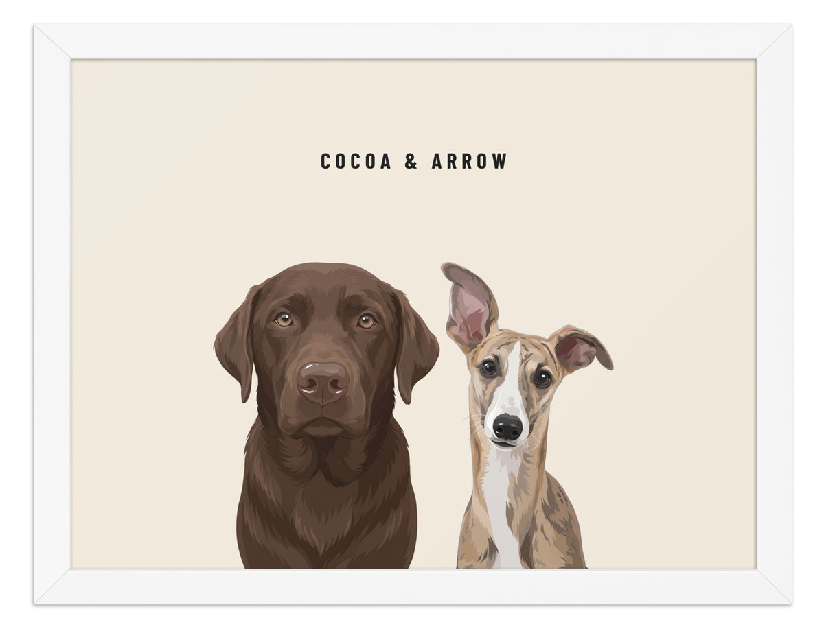 Custom Two Pet Portrait Framed Print (White): Cocoa the chocolate Labrador & Arrow the Whippet on a Cream background. [ks Frame=White; Background=Cream]
