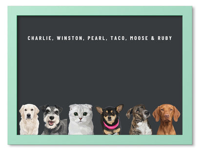 Custom Six Pet Portrait Coloured Frame Print (Mint Green): Charlie the Golden Retriever & Winston the Miniature Schnauzer & Pearl the Scottish Fold cat & Taco the Chihuahua & Moose the mixed-breed dog & Ruby the Vizsla on a Charcoal background. [ks Frame Colour=Mint Green; Background=Charcoal]