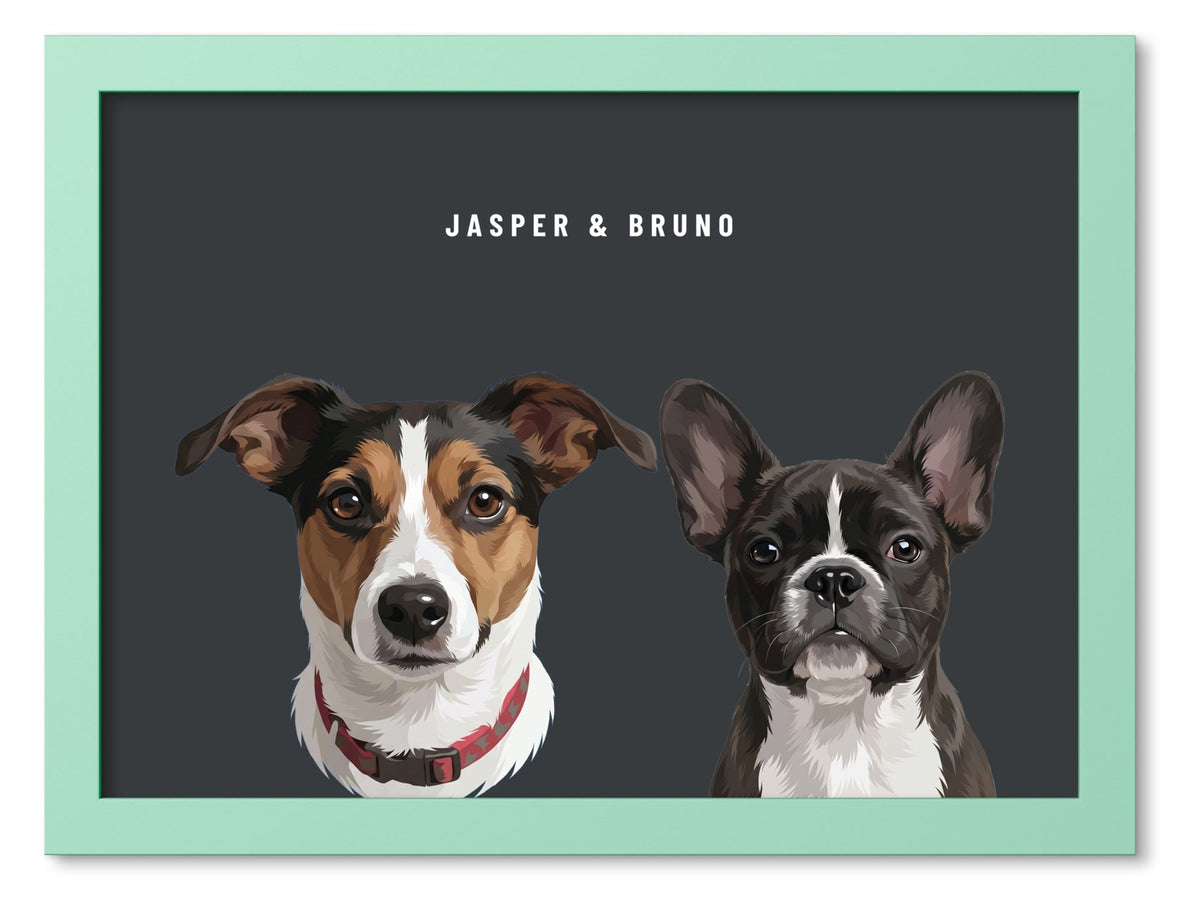 Custom Two Pet Portrait Coloured Frame Print (Mint Green): Jasper the Jack Russell Terrier & Bruno the French Bulldog on a Charcoal background. [ks Frame Colour=Mint Green; Background=Charcoal]