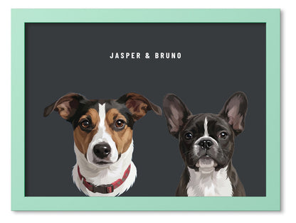 Custom Two Pet Portrait Coloured Frame Print (Mint Green): Jasper the Jack Russell Terrier & Bruno the French Bulldog on a Charcoal background. [ks Frame Colour=Mint Green; Background=Charcoal]