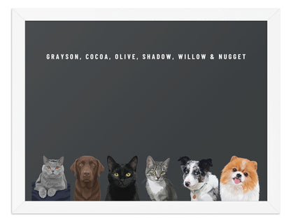 Custom Six Pet Portrait Framed Print (White): Grayson the British Shorthair cat & Cocoa the chocolate Labrador & Olive the black cat & Shadow the grey tabby cat & Willow the Border Collie & Nugget the Pomeranian on a Charcoal background. [ks Frame=White; Background=Charcoal]