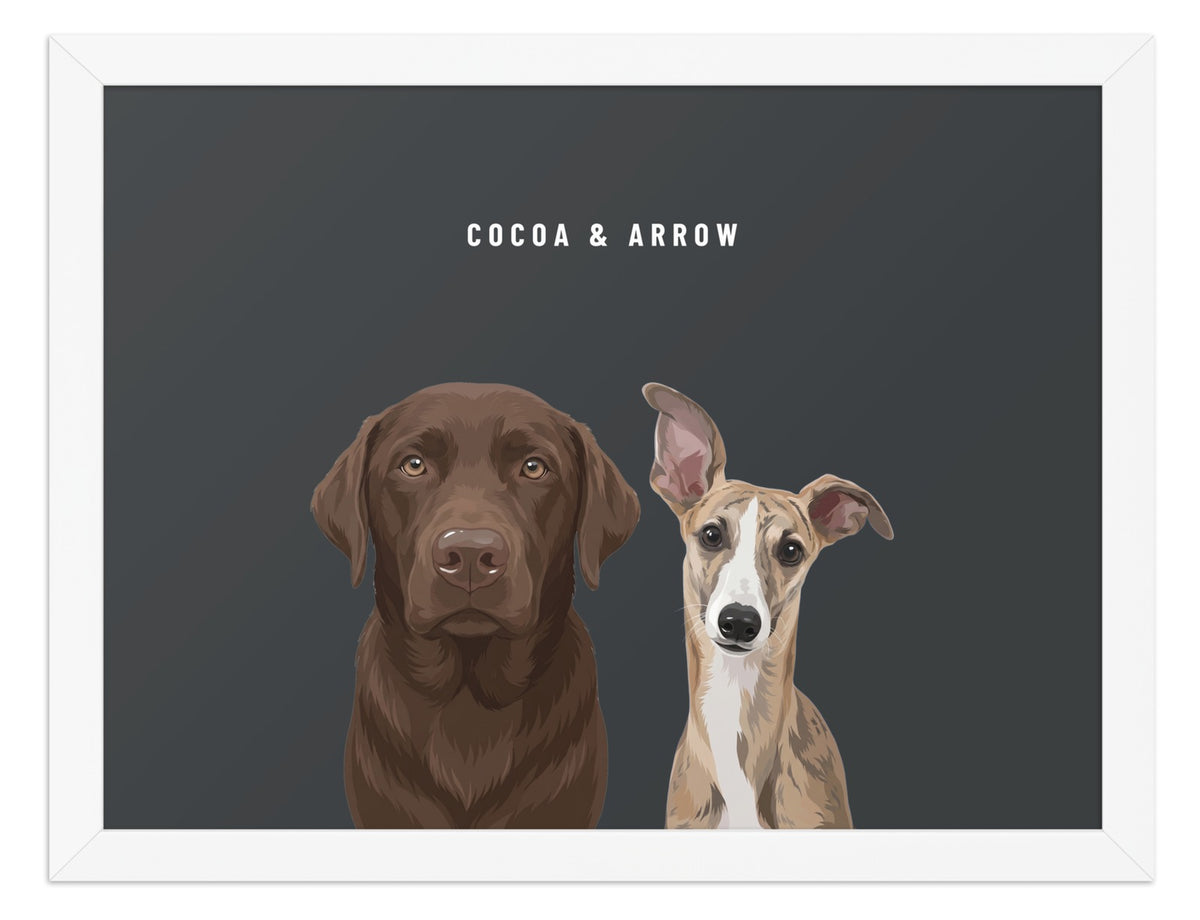 Custom Two Pet Portrait Framed Print (White): Cocoa the chocolate Labrador & Arrow the Whippet on a Charcoal background. [ks Frame=White; Background=Charcoal]