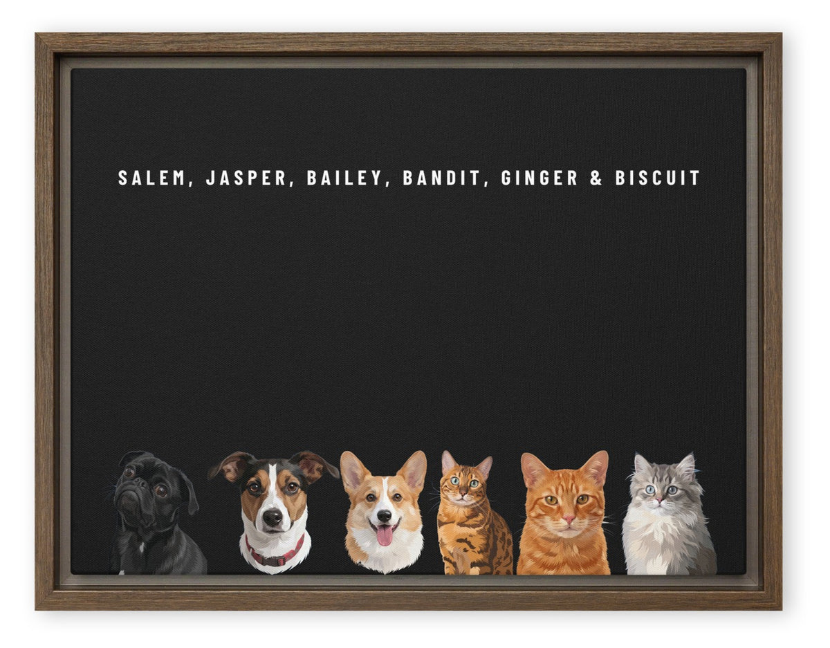 Custom Six Pet Portrait Canvas (Brown Framed Canvas): Salem the Pug & Jasper the Jack Russell Terrier & Bailey the Pembroke Welsh Corgi & Bandit the Bengal cat & Ginger the orange tabby cat & Biscuit the tabby kitten on a Obsidian background. [ks Style=Brown Framed Canvas; Background=Obsidian]