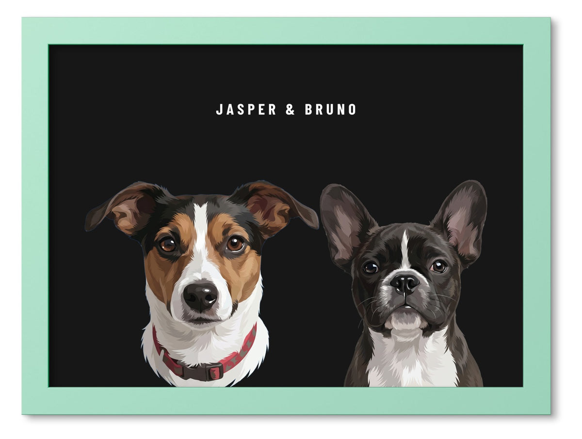 Custom Two Pet Portrait Coloured Frame Print (Mint Green): Jasper the Jack Russell Terrier & Bruno the French Bulldog on a Obsidian background. [ks Frame Colour=Mint Green; Background=Obsidian]