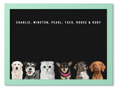 Custom Six Pet Portrait Coloured Frame Print (Mint Green): Charlie the Golden Retriever & Winston the Miniature Schnauzer & Pearl the Scottish Fold cat & Taco the Chihuahua & Moose the mixed-breed dog & Ruby the Vizsla on a Obsidian background. [ks Frame Colour=Mint Green; Background=Obsidian]