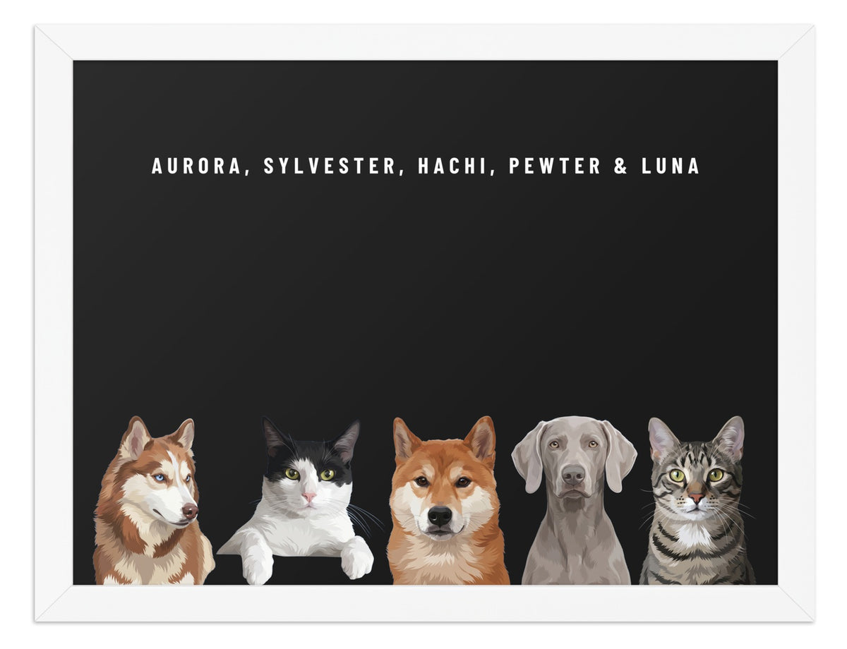 Holiday Custom Five Pet Portrait (White Frame): Aurora the Siberian Husky & Sylvester the tuxedo cat & Hachi the Shiba Inu & Pewter the Weimaraner & Luna the grey-brown tabby cat on a Obsidian background. [ks Style=White Frame; Background=Obsidian]