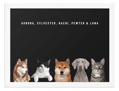 Holiday Custom Five Pet Portrait (White Frame): Aurora the Siberian Husky & Sylvester the tuxedo cat & Hachi the Shiba Inu & Pewter the Weimaraner & Luna the grey-brown tabby cat on a Obsidian background. [ks Style=White Frame; Background=Obsidian]