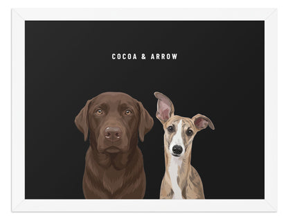 Custom Two Pet Portrait Framed Print (White): Cocoa the chocolate Labrador & Arrow the Whippet on a Obsidian background. [ks Frame=White; Background=Obsidian]