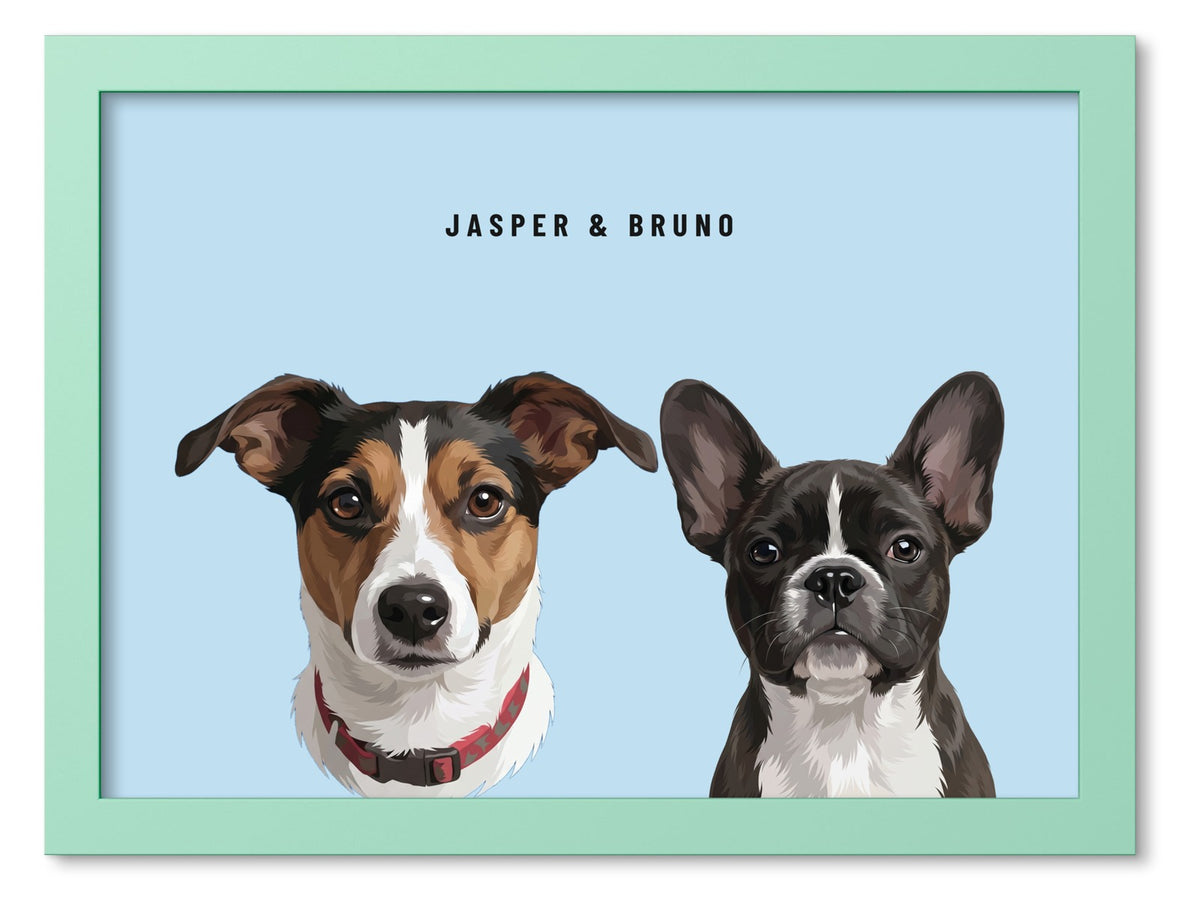 Custom Two Pet Portrait Coloured Frame Print (Mint Green): Jasper the Jack Russell Terrier & Bruno the French Bulldog on a Sky background. [ks Frame Colour=Mint Green; Background=Sky]