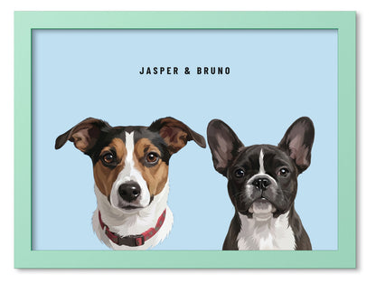 Custom Two Pet Portrait Coloured Frame Print (Mint Green): Jasper the Jack Russell Terrier & Bruno the French Bulldog on a Sky background. [ks Frame Colour=Mint Green; Background=Sky]