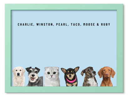 Custom Six Pet Portrait Coloured Frame Print (Mint Green): Charlie the Golden Retriever & Winston the Miniature Schnauzer & Pearl the Scottish Fold cat & Taco the Chihuahua & Moose the mixed-breed dog & Ruby the Vizsla on a Sky background. [ks Frame Colour=Mint Green; Background=Sky]