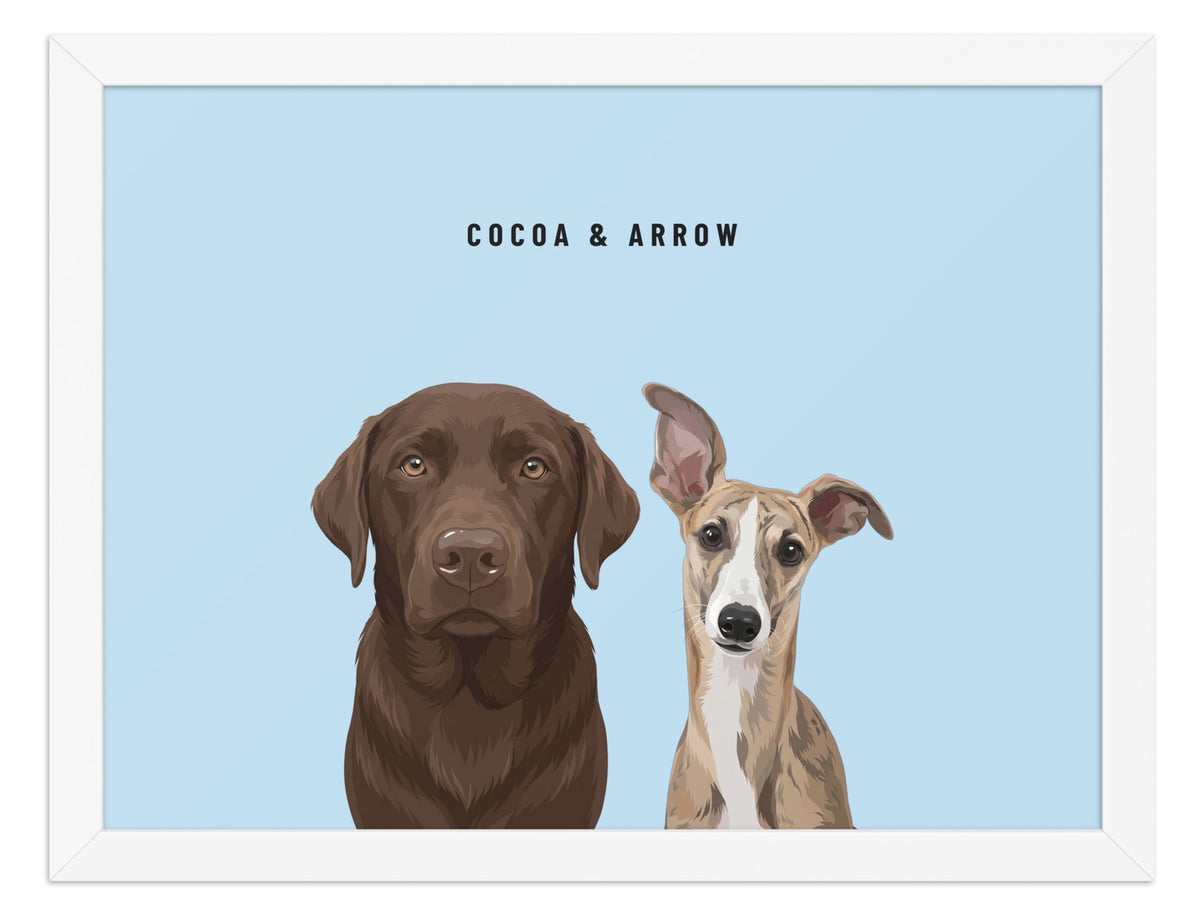 Custom Two Pet Portrait Framed Print (White): Cocoa the chocolate Labrador & Arrow the Whippet on a Sky background. [ks Frame=White; Background=Sky]