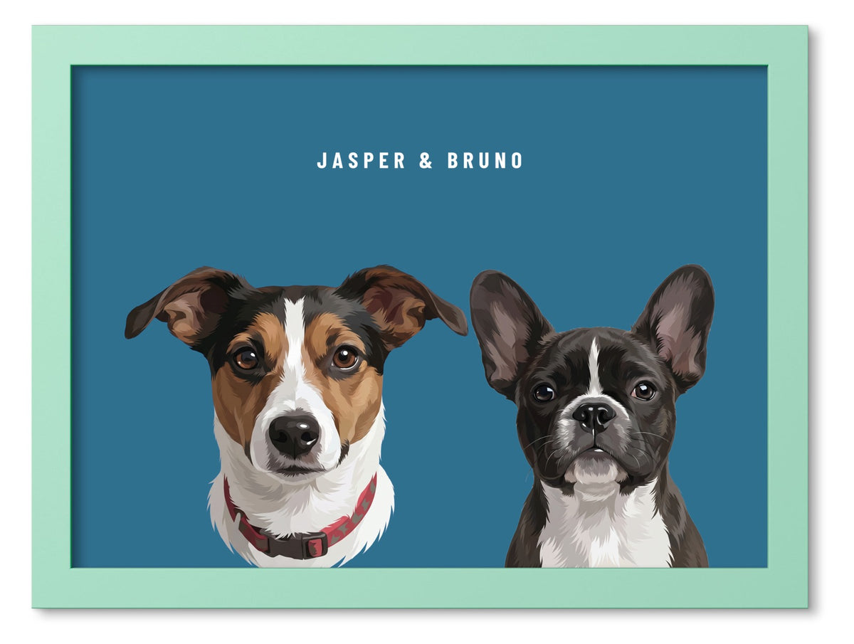 Custom Two Pet Portrait Coloured Frame Print (Mint Green): Jasper the Jack Russell Terrier & Bruno the French Bulldog on a Ocean background. [ks Frame Colour=Mint Green; Background=Ocean]