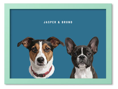 Custom Two Pet Portrait Coloured Frame Print (Mint Green): Jasper the Jack Russell Terrier & Bruno the French Bulldog on a Ocean background. [ks Frame Colour=Mint Green; Background=Ocean]