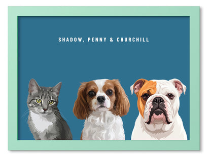 Custom Three Pet Portrait Coloured Frame Print (Mint Green): Shadow the grey tabby cat & Penny the Cavalier King Charles Spaniel & Churchill the English Bulldog on a Ocean background. [ks Frame Colour=Mint Green; Background=Ocean]