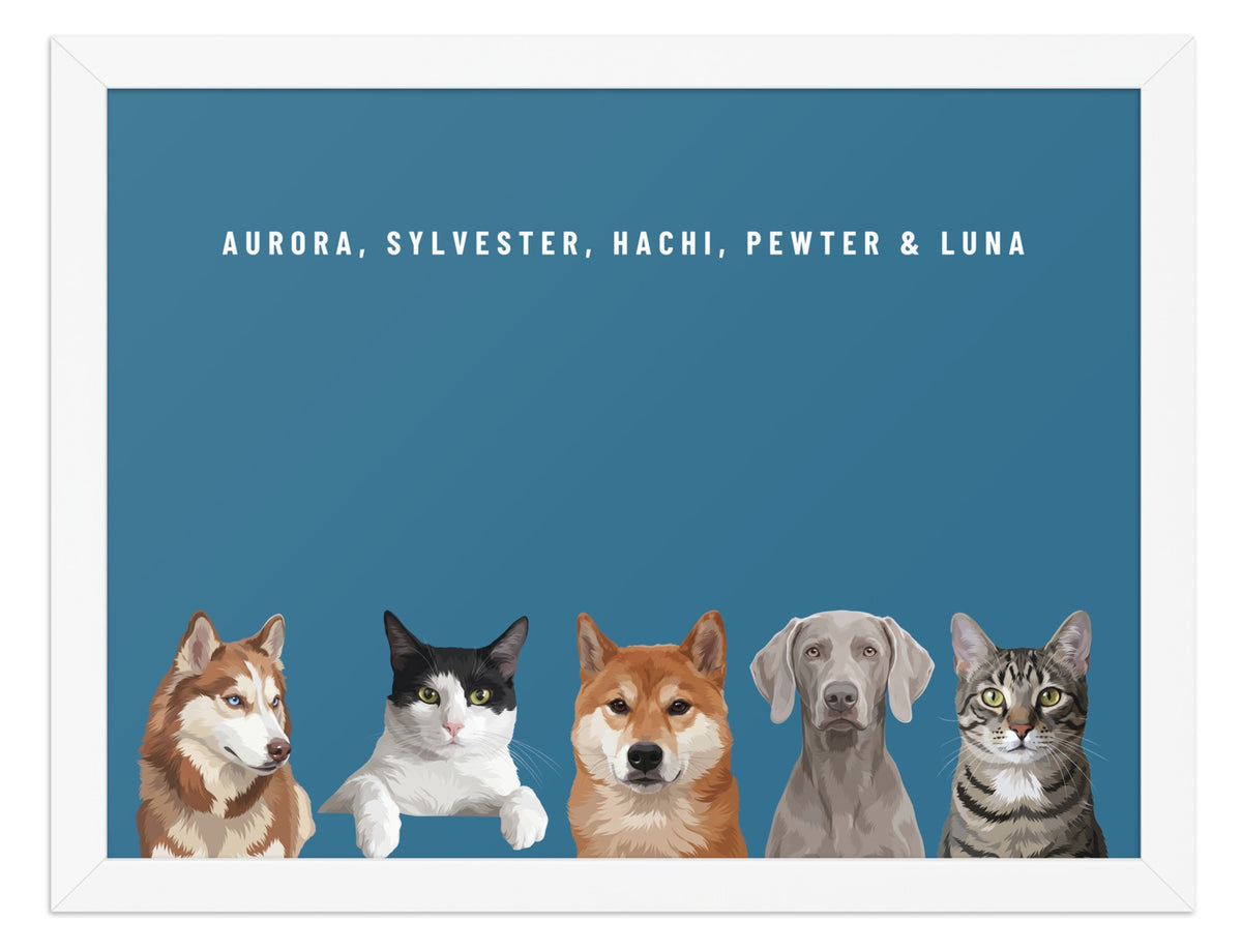 Holiday Custom Five Pet Portrait (White Frame): Aurora the Siberian Husky & Sylvester the tuxedo cat & Hachi the Shiba Inu & Pewter the Weimaraner & Luna the grey-brown tabby cat on a Ocean background. [ks Style=White Frame; Background=Ocean]