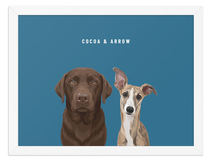 Custom Two Pet Portrait Framed Print (White): Cocoa the chocolate Labrador & Arrow the Whippet on a Ocean background. [ks Frame=White; Background=Ocean]